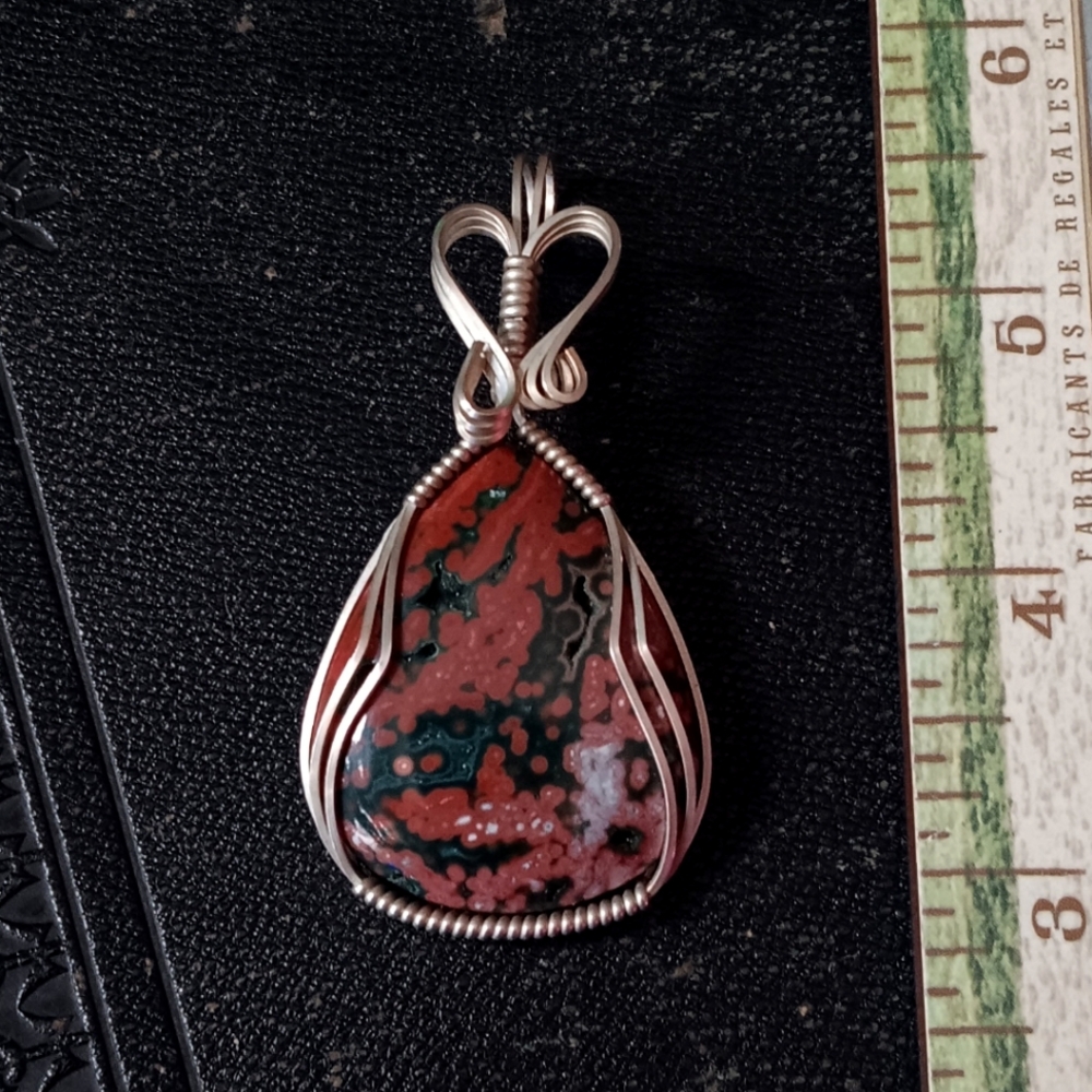 Ocean Jasper Pendant - Red and Silver Coastal Western Jewelry - Wire Wrapped - Picture 4 of 4